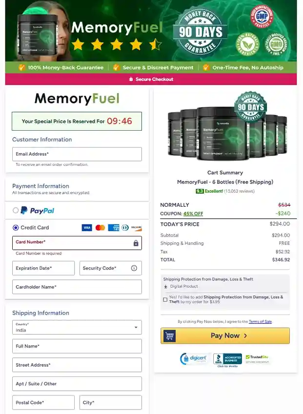 Memoryfuel checkout page